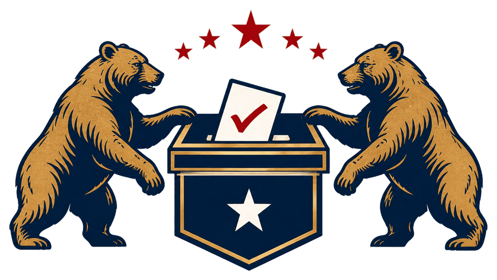 Two vintage bears standing beside a Missouri ballot box